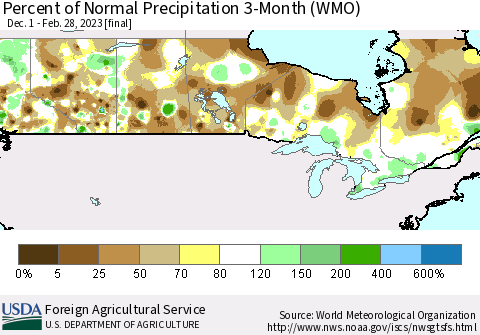 Canada Percent of Normal Precipitation 3-Month (WMO) Thematic Map For 12/1/2022 - 2/28/2023