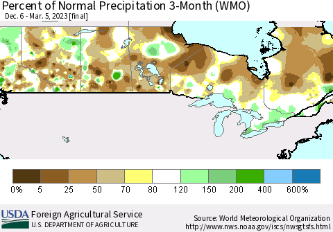 Canada Percent of Normal Precipitation 3-Month (WMO) Thematic Map For 12/6/2022 - 3/5/2023