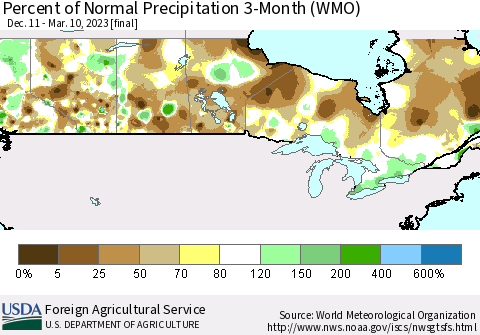 Canada Percent of Normal Precipitation 3-Month (WMO) Thematic Map For 12/11/2022 - 3/10/2023