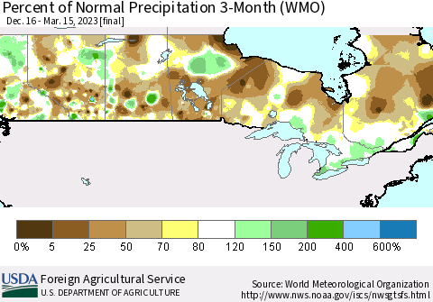 Canada Percent of Normal Precipitation 3-Month (WMO) Thematic Map For 12/16/2022 - 3/15/2023