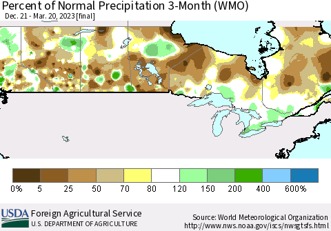 Canada Percent of Normal Precipitation 3-Month (WMO) Thematic Map For 12/21/2022 - 3/20/2023