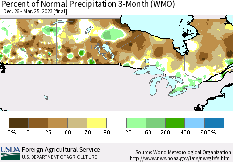 Canada Percent of Normal Precipitation 3-Month (WMO) Thematic Map For 12/26/2022 - 3/25/2023