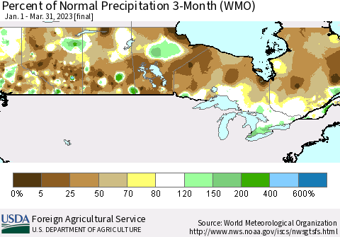Canada Percent of Normal Precipitation 3-Month (WMO) Thematic Map For 1/1/2023 - 3/31/2023