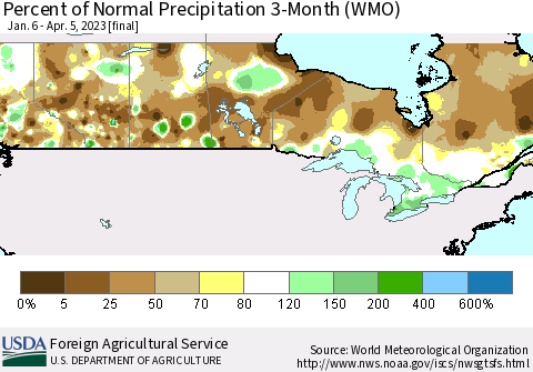 Canada Percent of Normal Precipitation 3-Month (WMO) Thematic Map For 1/6/2023 - 4/5/2023