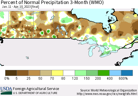 Canada Percent of Normal Precipitation 3-Month (WMO) Thematic Map For 1/11/2023 - 4/10/2023
