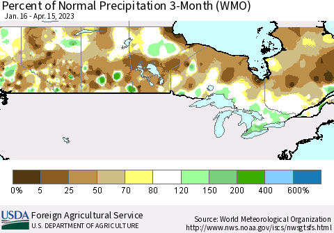 Canada Percent of Normal Precipitation 3-Month (WMO) Thematic Map For 1/16/2023 - 4/15/2023