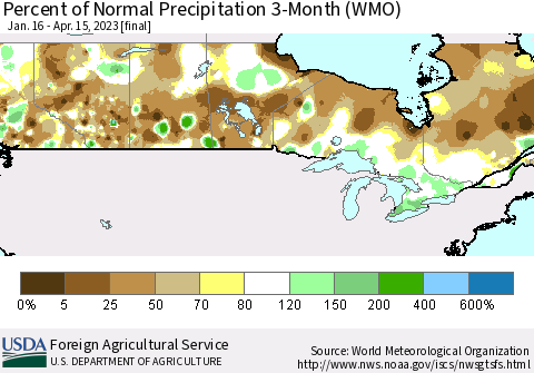 Canada Percent of Normal Precipitation 3-Month (WMO) Thematic Map For 1/16/2023 - 4/15/2023