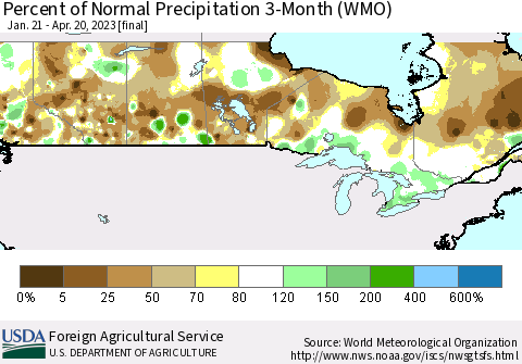 Canada Percent of Normal Precipitation 3-Month (WMO) Thematic Map For 1/21/2023 - 4/20/2023