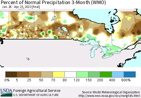 Canada Percent of Normal Precipitation 3-Month (WMO) Thematic Map For 1/26/2023 - 4/25/2023