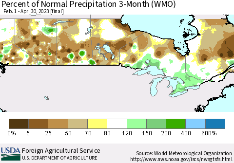Canada Percent of Normal Precipitation 3-Month (WMO) Thematic Map For 2/1/2023 - 4/30/2023