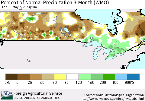 Canada Percent of Normal Precipitation 3-Month (WMO) Thematic Map For 2/6/2023 - 5/5/2023