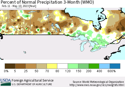Canada Percent of Normal Precipitation 3-Month (WMO) Thematic Map For 2/11/2023 - 5/10/2023