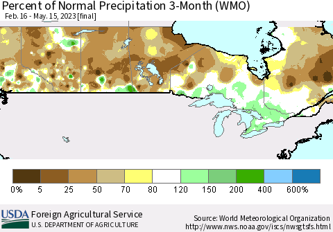 Canada Percent of Normal Precipitation 3-Month (WMO) Thematic Map For 2/16/2023 - 5/15/2023