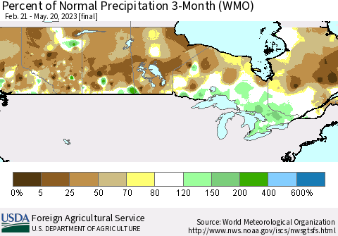 Canada Percent of Normal Precipitation 3-Month (WMO) Thematic Map For 2/21/2023 - 5/20/2023