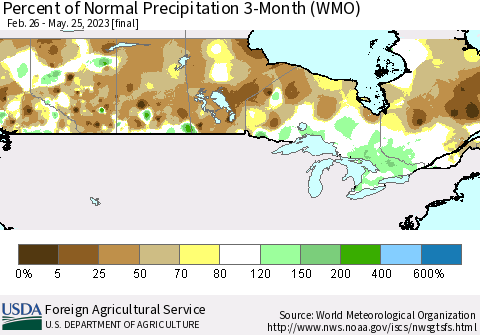Canada Percent of Normal Precipitation 3-Month (WMO) Thematic Map For 2/26/2023 - 5/25/2023