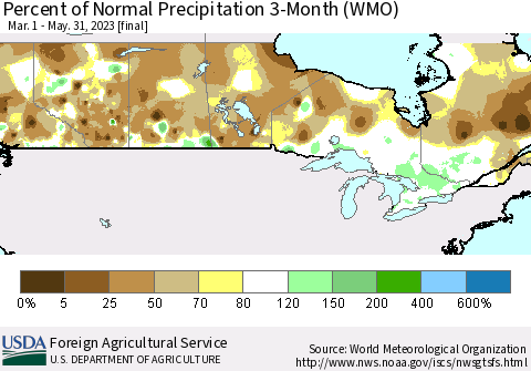 Canada Percent of Normal Precipitation 3-Month (WMO) Thematic Map For 3/1/2023 - 5/31/2023