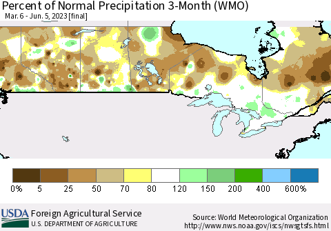 Canada Percent of Normal Precipitation 3-Month (WMO) Thematic Map For 3/6/2023 - 6/5/2023