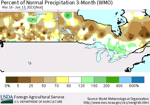 Canada Percent of Normal Precipitation 3-Month (WMO) Thematic Map For 3/16/2023 - 6/15/2023