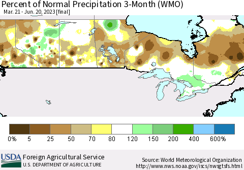 Canada Percent of Normal Precipitation 3-Month (WMO) Thematic Map For 3/21/2023 - 6/20/2023