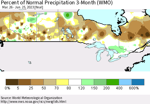 Canada Percent of Normal Precipitation 3-Month (WMO) Thematic Map For 3/26/2023 - 6/25/2023