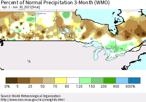 Canada Percent of Normal Precipitation 3-Month (WMO) Thematic Map For 4/1/2023 - 6/30/2023