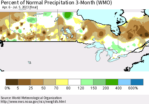 Canada Percent of Normal Precipitation 3-Month (WMO) Thematic Map For 4/6/2023 - 7/5/2023