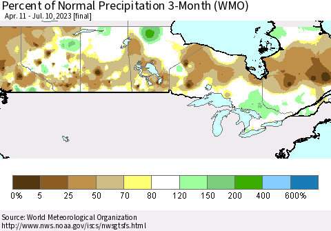 Canada Percent of Normal Precipitation 3-Month (WMO) Thematic Map For 4/11/2023 - 7/10/2023