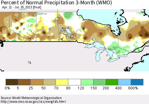 Canada Percent of Normal Precipitation 3-Month (WMO) Thematic Map For 4/21/2023 - 7/20/2023