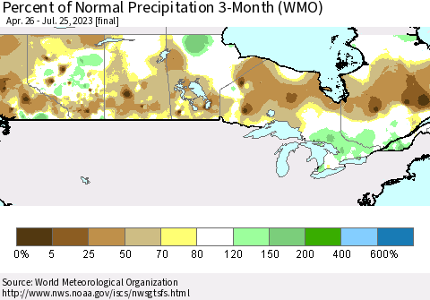 Canada Percent of Normal Precipitation 3-Month (WMO) Thematic Map For 4/26/2023 - 7/25/2023