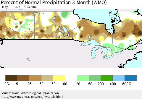 Canada Percent of Normal Precipitation 3-Month (WMO) Thematic Map For 5/1/2023 - 7/31/2023