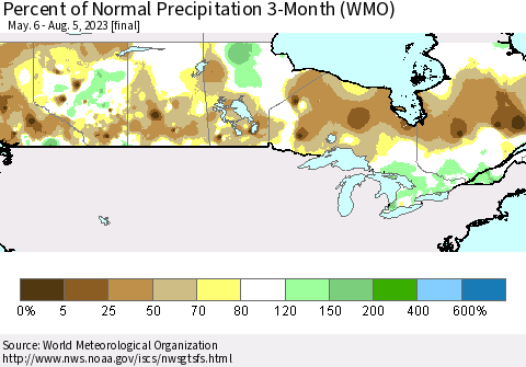 Canada Percent of Normal Precipitation 3-Month (WMO) Thematic Map For 5/6/2023 - 8/5/2023