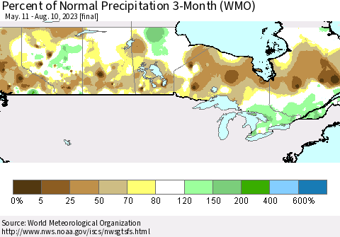 Canada Percent of Normal Precipitation 3-Month (WMO) Thematic Map For 5/11/2023 - 8/10/2023