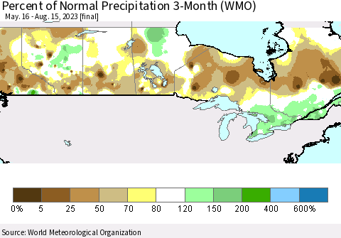Canada Percent of Normal Precipitation 3-Month (WMO) Thematic Map For 5/16/2023 - 8/15/2023