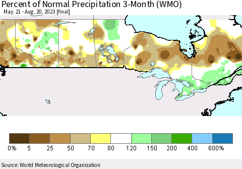 Canada Percent of Normal Precipitation 3-Month (WMO) Thematic Map For 5/21/2023 - 8/20/2023