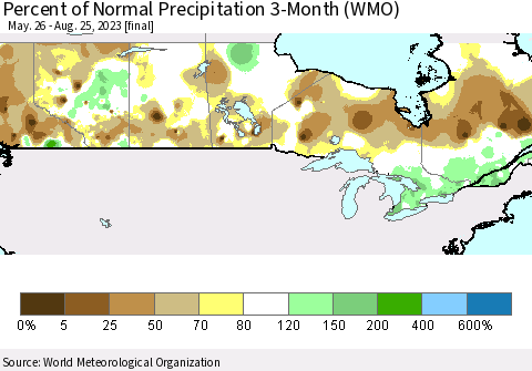 Canada Percent of Normal Precipitation 3-Month (WMO) Thematic Map For 5/26/2023 - 8/25/2023