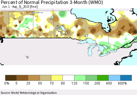 Canada Percent of Normal Precipitation 3-Month (WMO) Thematic Map For 6/1/2023 - 8/31/2023