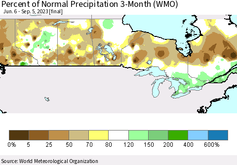 Canada Percent of Normal Precipitation 3-Month (WMO) Thematic Map For 6/6/2023 - 9/5/2023