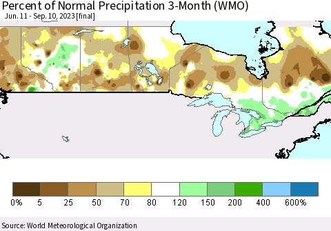 Canada Percent of Normal Precipitation 3-Month (WMO) Thematic Map For 6/11/2023 - 9/10/2023
