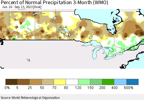 Canada Percent of Normal Precipitation 3-Month (WMO) Thematic Map For 6/16/2023 - 9/15/2023