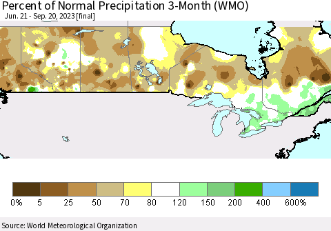 Canada Percent of Normal Precipitation 3-Month (WMO) Thematic Map For 6/21/2023 - 9/20/2023