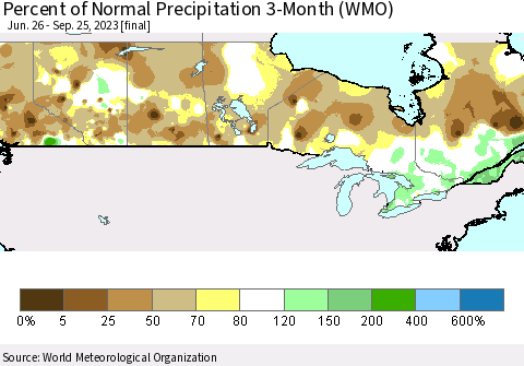 Canada Percent of Normal Precipitation 3-Month (WMO) Thematic Map For 6/26/2023 - 9/25/2023