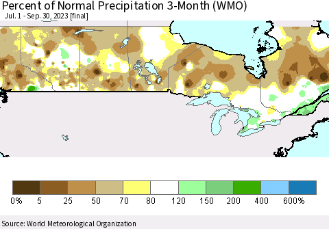 Canada Percent of Normal Precipitation 3-Month (WMO) Thematic Map For 7/1/2023 - 9/30/2023