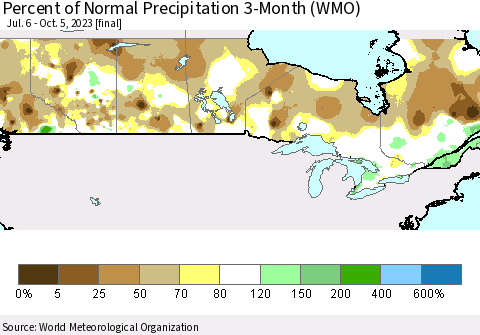 Canada Percent of Normal Precipitation 3-Month (WMO) Thematic Map For 7/6/2023 - 10/5/2023
