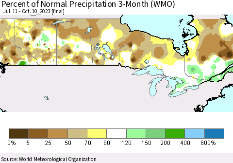 Canada Percent of Normal Precipitation 3-Month (WMO) Thematic Map For 7/11/2023 - 10/10/2023