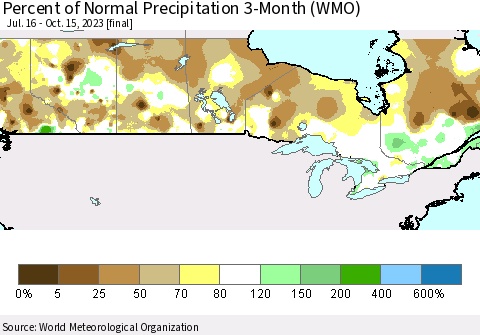 Canada Percent of Normal Precipitation 3-Month (WMO) Thematic Map For 7/16/2023 - 10/15/2023