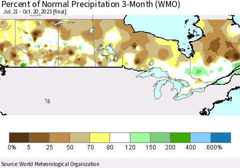 Canada Percent of Normal Precipitation 3-Month (WMO) Thematic Map For 7/21/2023 - 10/20/2023