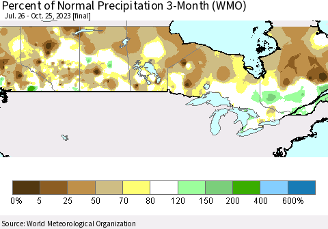 Canada Percent of Normal Precipitation 3-Month (WMO) Thematic Map For 7/26/2023 - 10/25/2023
