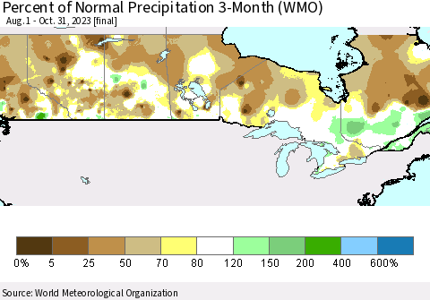 Canada Percent of Normal Precipitation 3-Month (WMO) Thematic Map For 8/1/2023 - 10/31/2023
