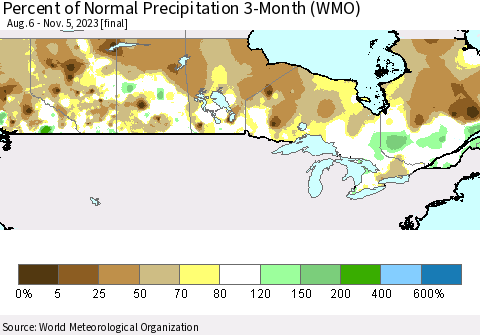 Canada Percent of Normal Precipitation 3-Month (WMO) Thematic Map For 8/6/2023 - 11/5/2023