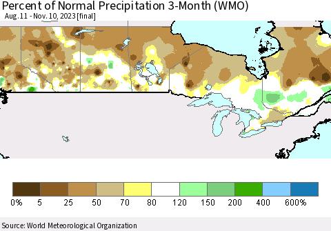 Canada Percent of Normal Precipitation 3-Month (WMO) Thematic Map For 8/11/2023 - 11/10/2023